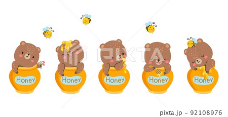 Bear in honey jar. Kids cute teddy bears friend, sweet cartoon forest animal and bee. Nice funny jars with children toy eating, sleep, joyful nowaday vector characters 92108976