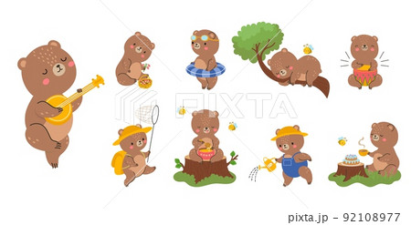 Cute cartoon bear. Emotions baby bears, teddy toy design various poses. Funny wild animal eating honey, sleep and read book, forest nowaday vector character 92108977