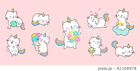 Cartoon kitty unicorn. Cats unicorns, animated cartoon funny characters. Cute love kawaii caticorns, fairy happy creatures nowaday vector set 92108978