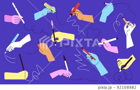 Abstract writing hands holding different stationery. Handwriting pencil, pen and markers. Colorful cartoon arm, student or business signature decent vector set Abstract writing hands holding different stationery. Handwriting pencil, pen and markers. Colorful cartoon arm, student or business signature decent vector set 92108982
