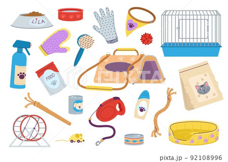 Care and grooming. Pet store, dog groomers service tools. Animal cage and bed, food and treats. Isolated cat dogs hamster decent vector accessories 92108996