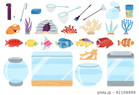 Aquarium fish and tools. House fish, tank glass and care pet accessories. Cartoon exotic underwater animals, fishbowl and tropical marine decent vector set Aquarium fish and tools. House fish, tank glass and care pet accessories. Cartoon exotic underwater animals, fishbowl and tropical marine decent vector set 92108999