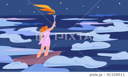 Enlightenment. Girl with burning torch flying alone in wooden boat from night. Education, female power, personal inner freedom vector metaphor 92109011