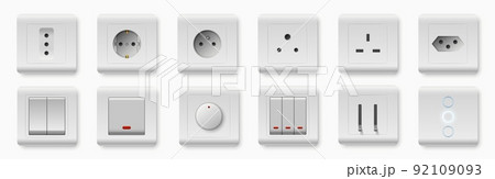 Realistic socket and switch. Interior wall outlets or electric connectors. Different square types. Plastic light toggle. Plug adapter shapes. Home buttons. Vector electrical devices set Realistic socket and switch. Interior wall outlets or electric connectors. Different square types. Plastic light toggle. Plug adapter shapes. Home buttons. Vector electrical devices set 92109093
