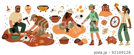 Cartoon archeology. Paleontologists and archaeologists at work. Science expedition. Historians at excavations. People digging artifacts and dino bones. Valuable finds. Garish vector set 92109128
