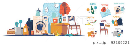 Garbage Sorting and Recycling Concept with Heap of Different Trash and Litter. Glass, Textile, Electronic and Organic Garbage Sorting and Recycling Concept with Heap of Different Trash and Litter. Glass, Textile, Electronic and Organic 92109221