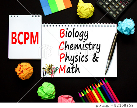 BCPM biology chemistry physics math symbol. Concept words BCPM biology chemistry physics math on the note on beautiful black background. Business BCPM biology chemistry physics math concept. 92109358