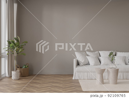 Empty grey wall in modern living room. Mock up interior in contemporary style. Free, copy space for your picture, text, or another design. Sofa, carpet, table. 3D rendering. 92109765