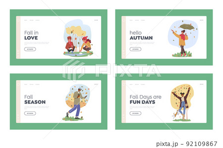 Characters Walk at Autumn Day Landing Page Template Set. Men and Women and Kids Playing in Park with Leaves Characters Walk at Autumn Day Landing Page Template Set. Men and Women and Kids Playing in Park with Leaves 92109867