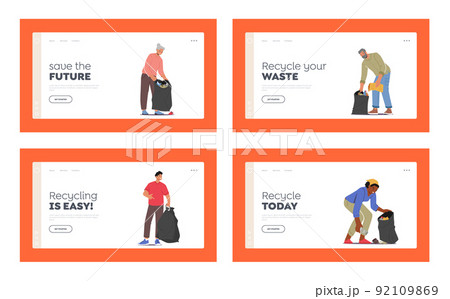 Volunteers Cleaning Garbage Landing Page Template Set. Men or Women Characters Working, Volunteering, Collecting Trash 92109869