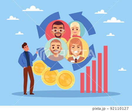 Customer service and retention. Loyalty program, sale and discounts for regular customers, people get shopping bonuses and cashback. Retail business and e-commerce. Vector concept 92110127