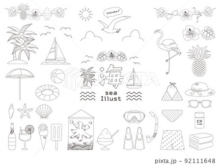 海イラスト_セット_線画 92111648