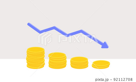 右肩下がりに減る積み重なったコイン･硬貨と青い矢印 - お金が減る･損失のイメージの素材 92112708