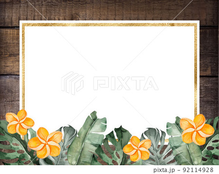 木目とプルメリアのリゾート感ある白バックタイトル用背景素材 92114928