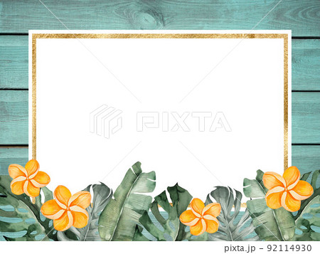 木目とプルメリアのリゾート感ある白バックタイトル用背景素材のイラスト素材