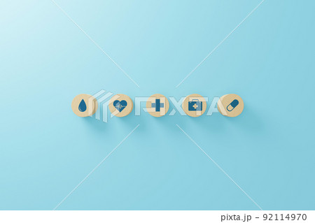 Wood block with icon healthcare medical, Insurance for your health concept. 3d render illustration 92114970