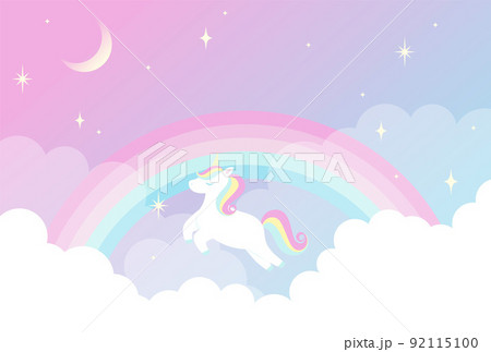 空に浮かぶ虹色のユニコーンの背景イラスト 92115100