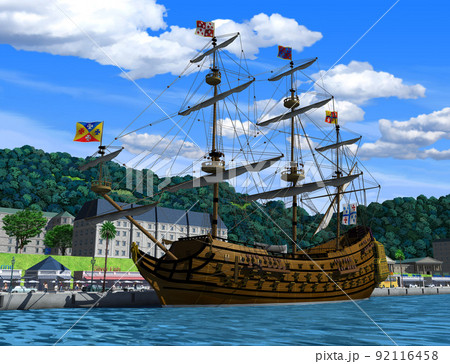 青い空と緑の山がある港に停泊した中世の大型帆船イラスト 92116458