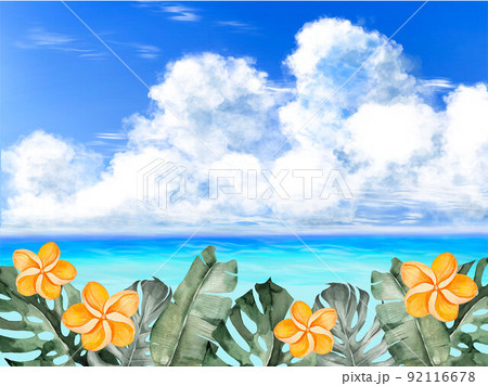 青空とモンステラとプルメリアのリゾート感ある背景素材のイラスト素材