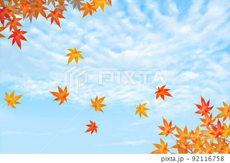 秋晴れのうろこ雲ー清々しい空ともみじやカエデやなどの秋の葉っぱの舞い散る美しい壁紙イラスト素材のイラスト素材