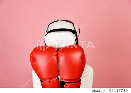 Asian woman using vr glasses, Working out with boxing video games application from virtual reality 92117780