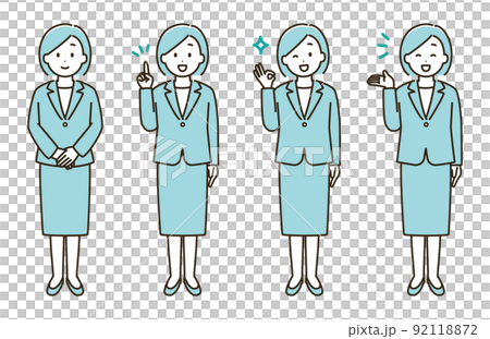 スーツを着た女性の表情バリエーションのイラストセット(水色バージョン) スーツを着た女性の表情バリエーションのイラストセット(水色バージョン) 92118872
