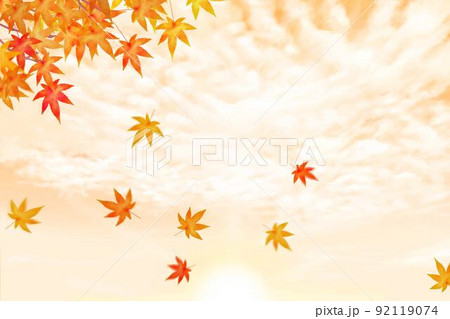 秋の夕焼けにうろこ雲ー映える紅葉と舞い落ちる秋の葉っぱの美しい壁紙イラスト素材 92119074