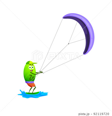 Cartoon zinc or zincum micronutrient character on parasailing. Vector nutrient personage enjoying kitesurfing. Sportsman vitamin summer water kite surfing sport. Watersport active holidays recreation 92119720