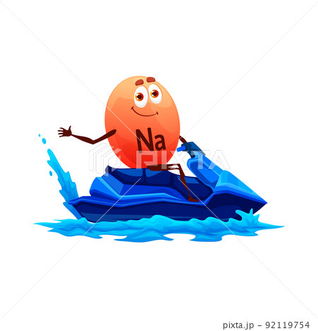 Sodium or natrium micronutrient character on jet ski. Cartoon funny vector sportsman Na element race water bike on sea wave. Vitamin personage watersport recreation, summer holidays activity, vacation 92119754