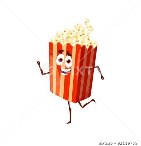 Cartoon popcorn box character. Funny vector pop corn bucket with cute smiling face. Fast food snack for cinema, funny personage with positive emotion, fried corn pieces in striped carton box 92119755