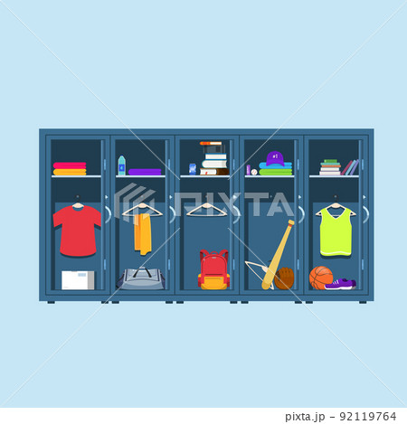 Blue metal Lockers. Lockers in school or gym with silver handles and locks. Crowded safe box with doors open, cupboard and many items. Blue metal Lockers. Lockers in school or gym with silver handles and locks. Crowded safe box with doors open, cupboard and many items. 92119764