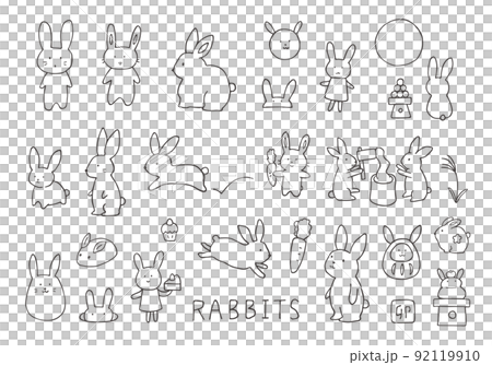 Assorted set of hand-drawn rabbit illustrations (monochrome line drawing) Assorted set of hand-drawn rabbit illustrations (monochrome line drawing) 92119910