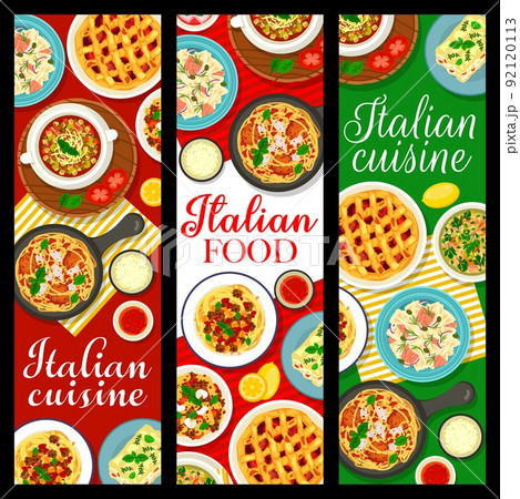Italian cuisine food dishes, Italy restaurant pasta meals, vector banners. Italian traditional menu with pasta and lasagna, farfalle with smoked salmon, rigatoni bolognese and spaghetti with meatballs 92120113