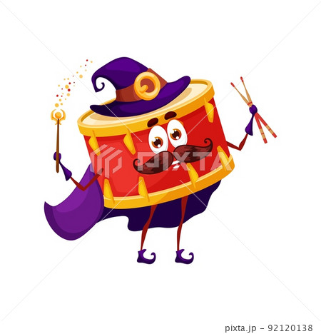 Cartoon drum wizard character. Isolated vector magician percussion instrument with wand and drumsticks. Funny fairy tale personage in purple witch hat and cape, music education class for kids, concert Cartoon drum wizard character. Isolated vector magician percussion instrument with wand and drumsticks. Funny fairy tale personage in purple witch hat and cape, music education class for kids, concert 92120138