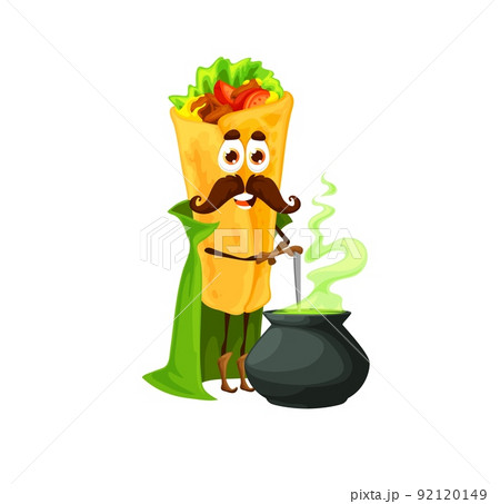 Cartoon mexican burrito mage character with magic potion pot. Fast food meal funny sorcerer personage, comical burrito wizard or sorcerer vector character cooking magic potion on cauldron 92120149