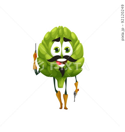 Cartoon artichoke cowboy character, funny vector artichaut bandit, robber or ranger personage with guns. Vegetable gangster wear boots and gloves, isolated fantasy food, adventure western game hero Cartoon artichoke cowboy character, funny vector artichaut bandit, robber or ranger personage with guns. Vegetable gangster wear boots and gloves, isolated fantasy food, adventure western game hero 92120249