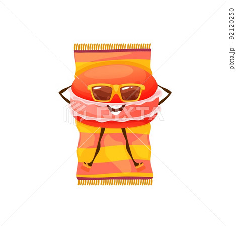 Cartoon macaroon character on summer beach. Vector funny macaron, cute candy dessert wear sunglasses tanning and relax lying on towel. Summertime vacation, kawaii confectionery personage on holidays Cartoon macaroon character on summer beach. Vector funny macaron, cute candy dessert wear sunglasses tanning and relax lying on towel. Summertime vacation, kawaii confectionery personage on holidays 92120250