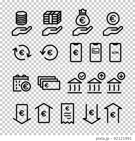 Icon set for money, banknotes, coins, payments, investments, accounting, currencies, e-commerce, households, and finance 92121991