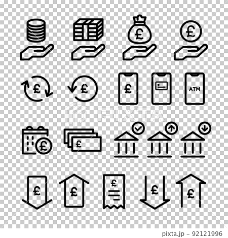 Icon set for money, banknotes, coins, payments, investments, accounting, currencies, e-commerce, households, and finance 92121996