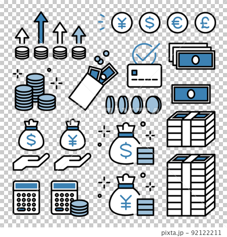 Icon set of money, banknotes, coins, payments, investment, accounting, currency, household budget, finance 92122211