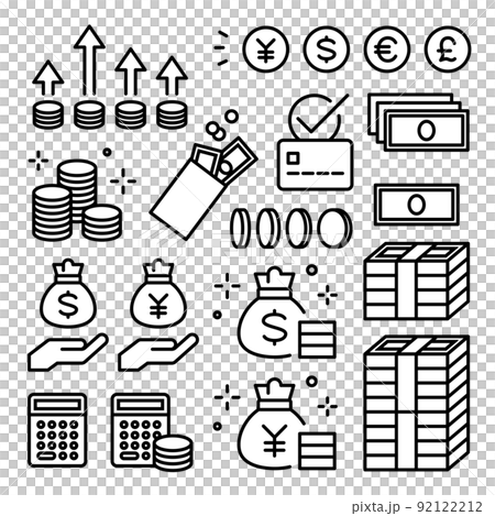 Icon set of money, banknotes, coins, payments, investment, accounting, currency, household budget, finance 92122212