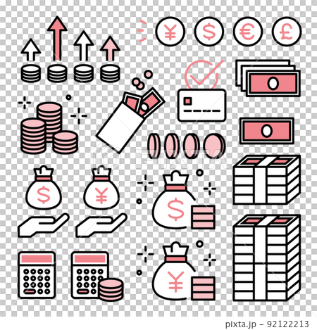 Icon set of money, banknotes, coins, payments, investment, accounting, currency, household budget, finance 92122213