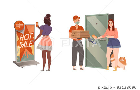 People using contactless mobile payment system at store and pizza delivery service. People paying by app on smartphone set vector illustration 92123096