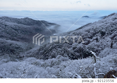 大小山の雪景色　山頂南側小ピークから雲海と南西方面に広がる谷を見る 92123556