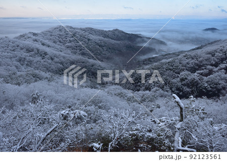 大小山の雪景色 山頂南側小ピークから雲海と南西方面に広がる谷を見る 大小山の雪景色 山頂南側小ピークから雲海と南西方面に広がる谷を見る 92123561