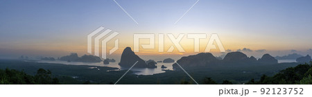 Panorama Morning sunrise. Mountains in the Andaman Sea. March 2019 92123752