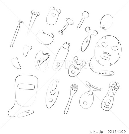 Beauty devices set. LED light therapy, vibration massage gadgets, microcurrent tool. Skin care at home. Sketch vector illustration. Techniques for health youth and beauty 92124109