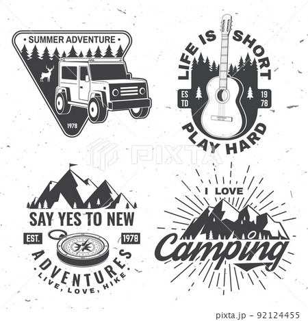 Set of camping badges. Vector illustration. Concept for shirt or logo, print, stamp or tee. Vintage typography design with compass, guitar, camping caravan car, tent, mountain and forest silhouette. 92124455