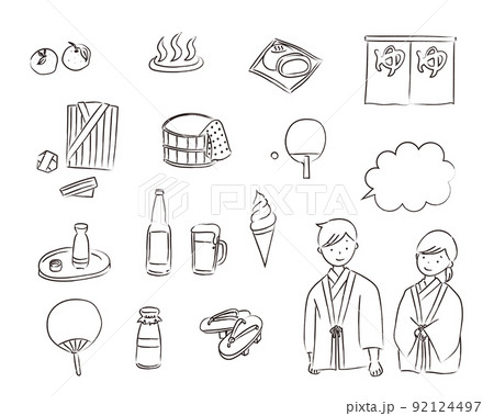 温泉の線画イラストセット(筆線画) 温泉の線画イラストセット(筆線画) 92124497