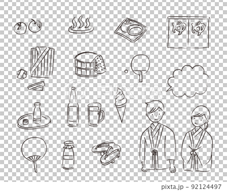 温泉の線画イラストセット(筆線画) 温泉の線画イラストセット(筆線画) 92124497